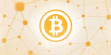 la b di bitcoin su uno sfondo giallo ed arancione con punti tra loro uniti che rappresentano una rete di nodi