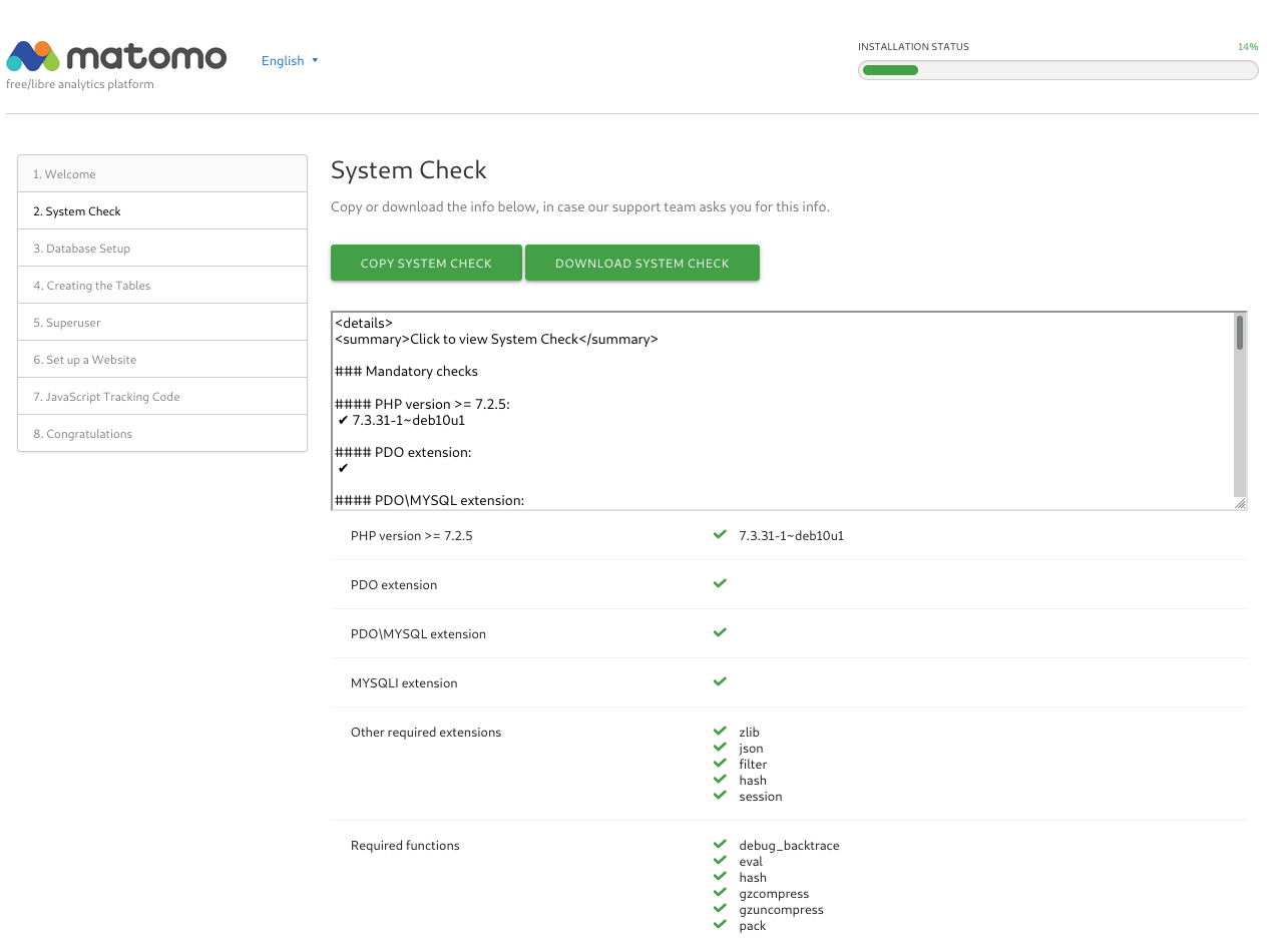 controllo di requisiti per l'installazione di Matomo