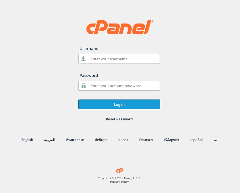 screenshot della schermata di accesso a Cpanel