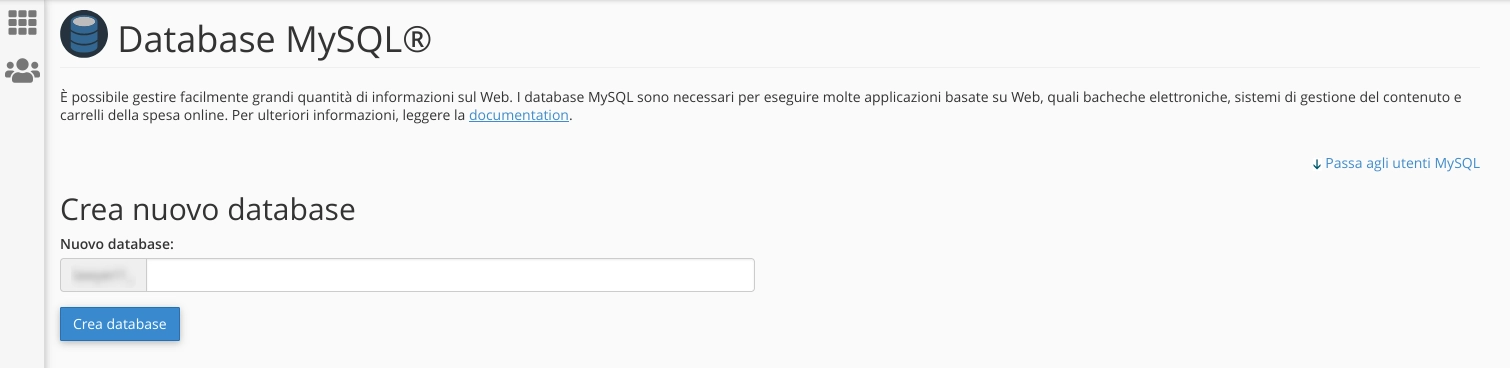 schermata di Cpanel che consente di creare nuovo database