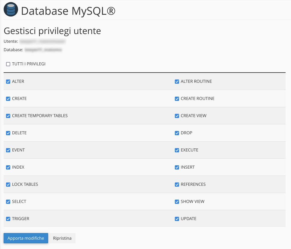come assegnare i privilegi ad un utente di un database mysql
