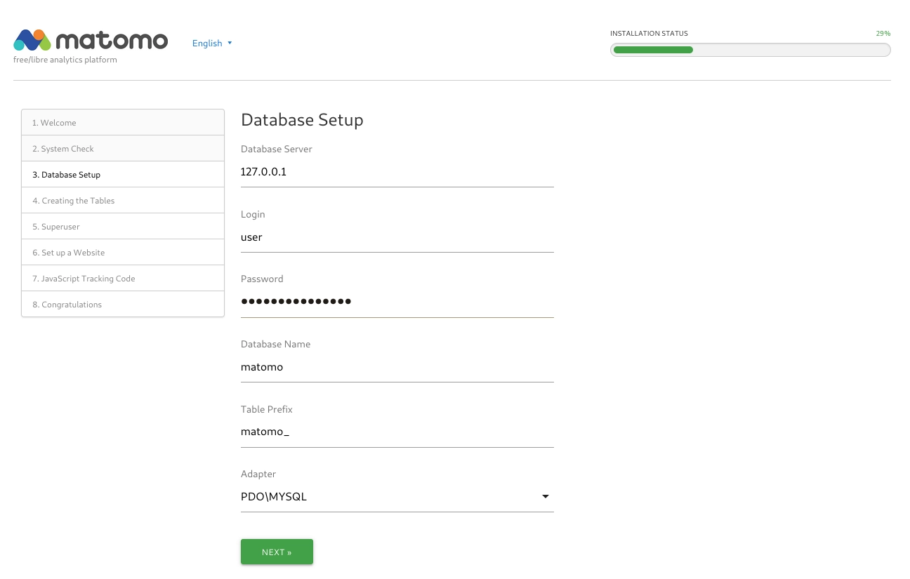 come inserire le credenziali del database durante la procedura di installazione di Matomo