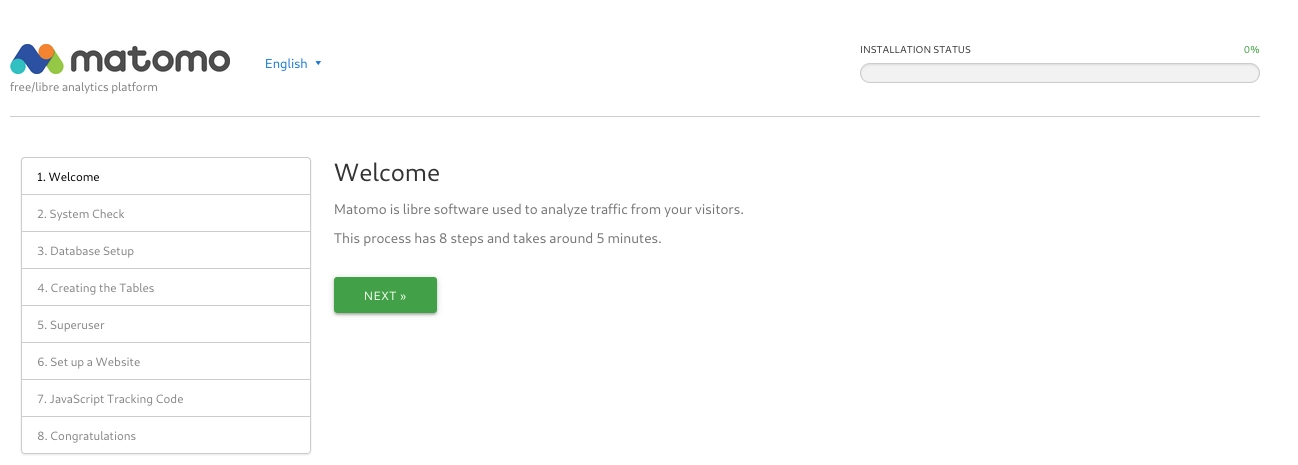 la schermata di avvio della procedura di installazione di Matomo