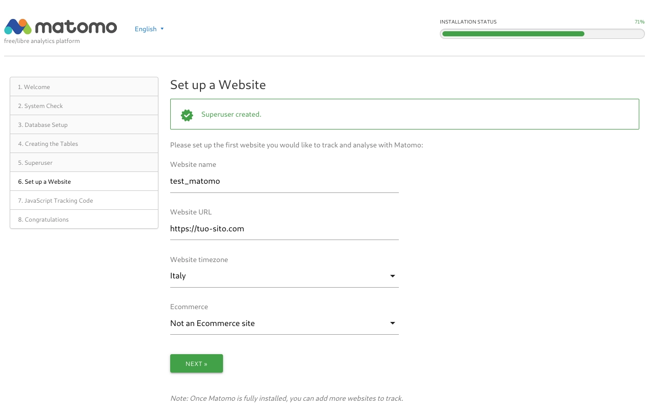 impostazione del sito internet da tracciare con Matomo