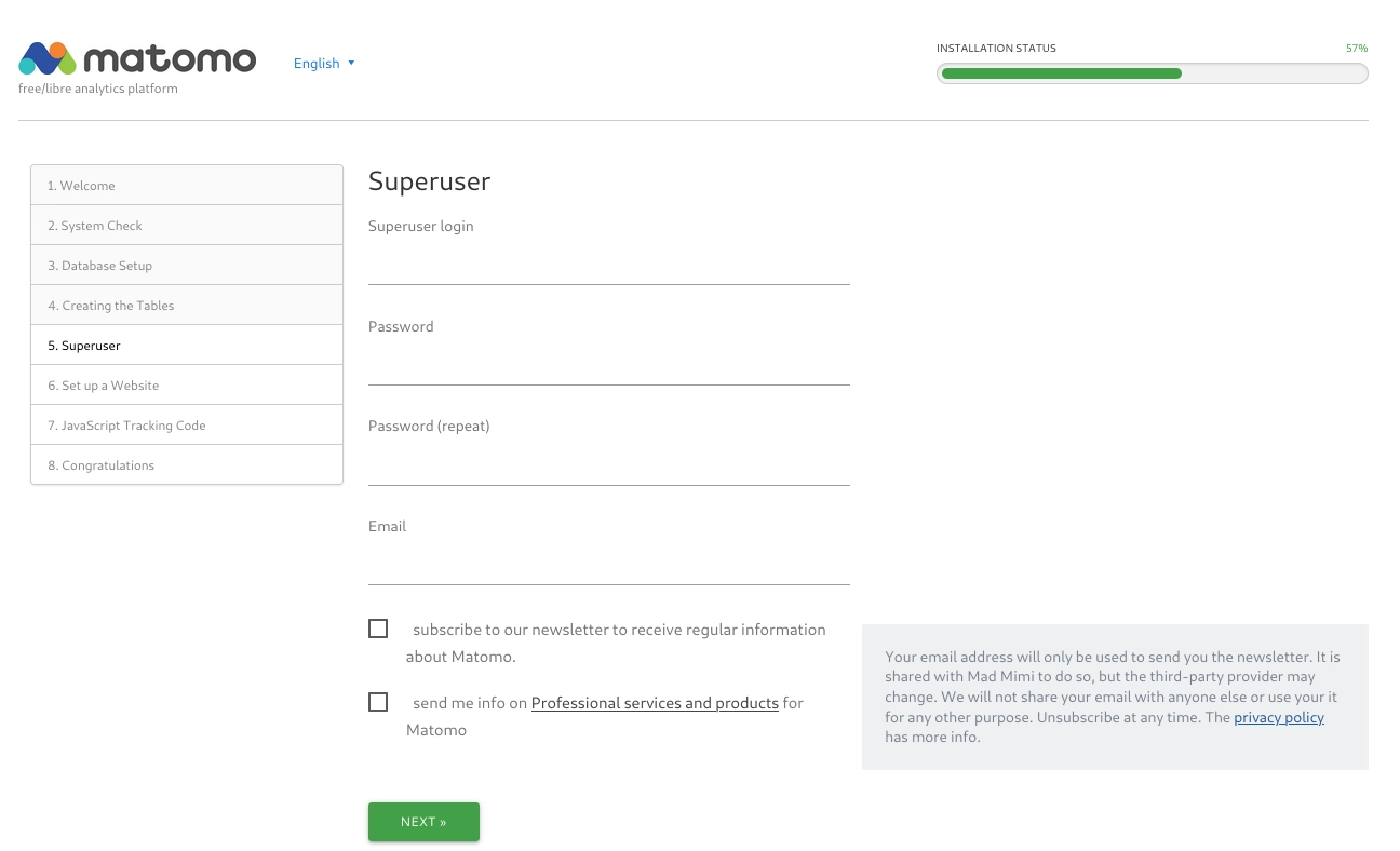 inserimento del superuser durante la procedura di installazione di Matomo